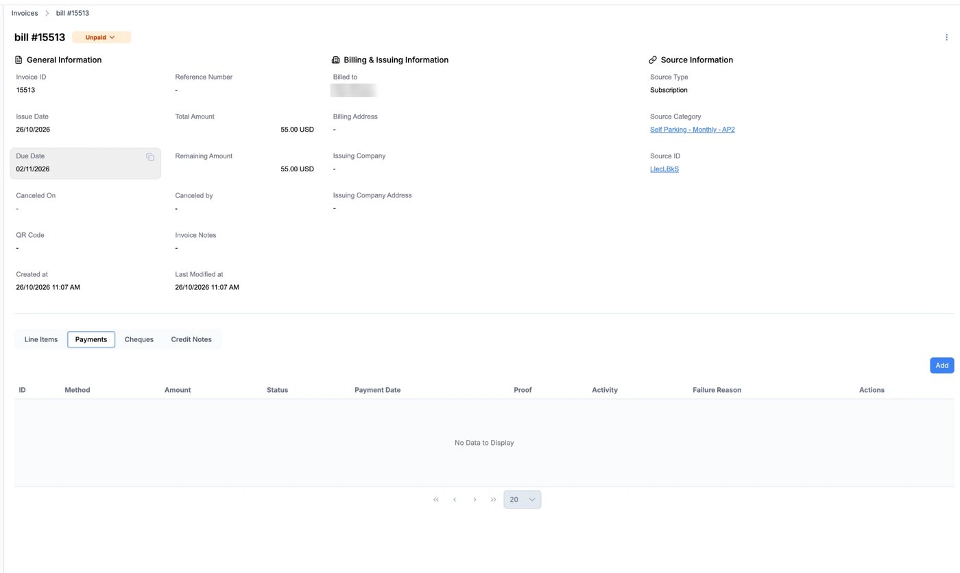 Invoice details with the Payments tab