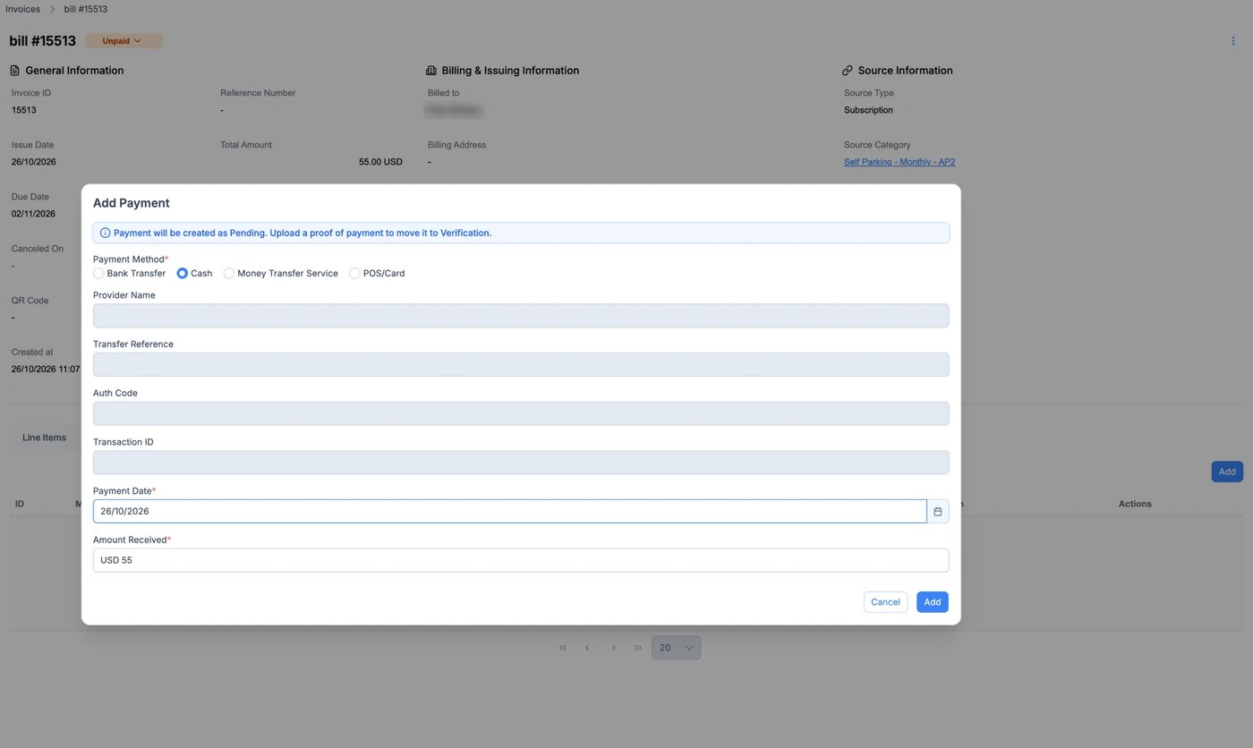 Add Payment dialog with Cash selected
