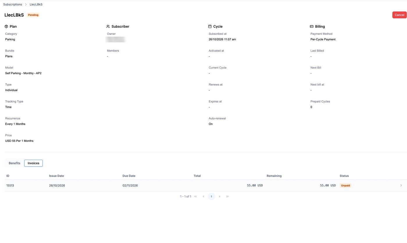 Subscription details with the Invoices tab